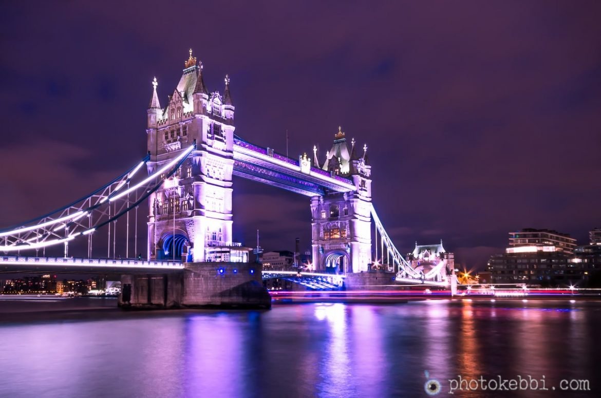London Tower bridge in purple night